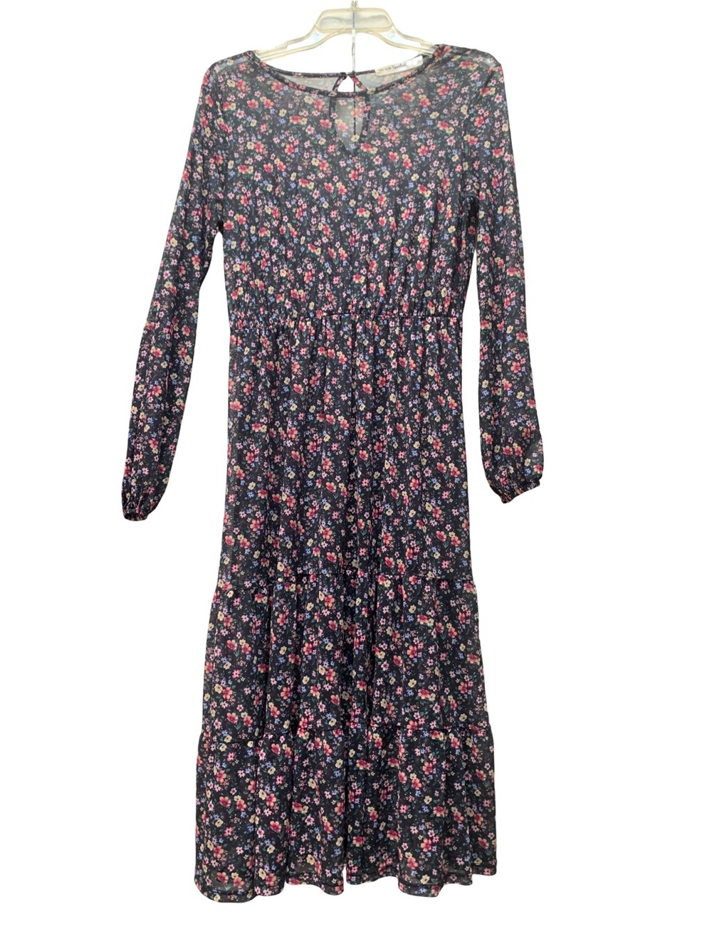 Black SheerFloral Long-Sleeve Midi Dress with Pink Blooms